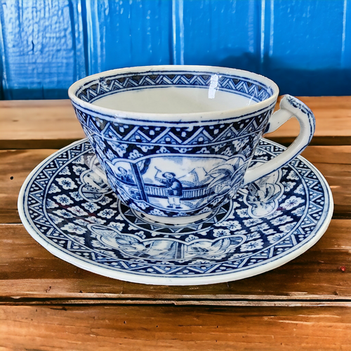 Reserved - 4 Kangxi Blue and White Asian Scene Porcelain Demitasse Sizing Cup and Saucer Set
