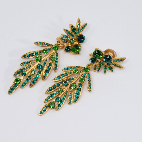 Oscar de la Renta Tropical Leaf Green Crystal Dangling Clip On Earrings, In Gold