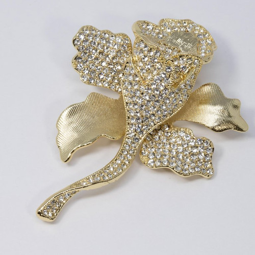 Joan Boyce Pave Crystal Blooming Flower Brooch Pin, Textured Gold Tone