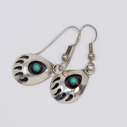 Native American Bear Claw Sterling Silver and Turquoise Dangling Earrings