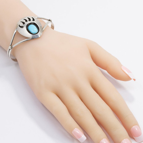 Native American Bear Claw Sterling Silver Tapered Cuff Bracelet with Turquoise