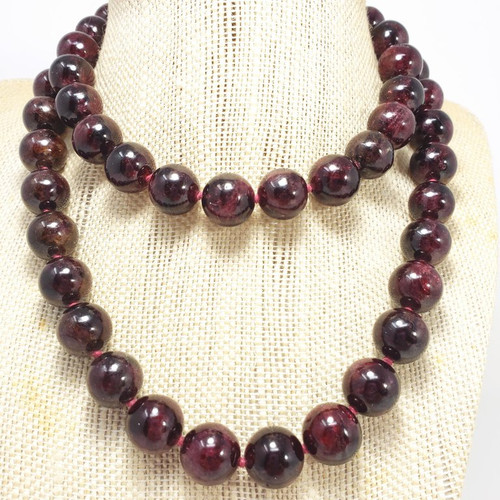 Garnet 12.5mm Bead Knotted String Necklace, Sterling Silver S Hook Clasp