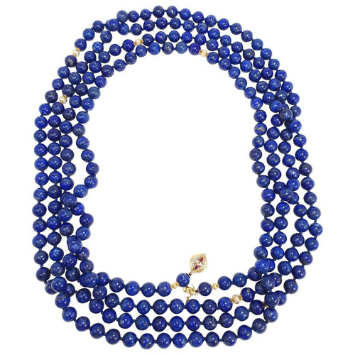 Lapis Lazuli Long Rope Bead Necklace, 14 Karat Gold, Diamond and Ruby Gold Clasp