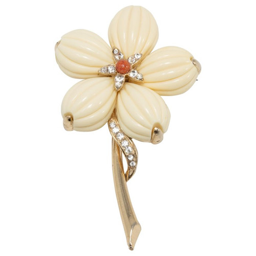 Trifari Cream Lucite Petal Flower Gold Brooch with Clear Crystals and Faux Coral