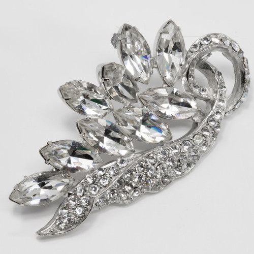 Vintage Floral Motif Clear Crystal Brooch Pin, Rhodium Plated, Circa Mid 1900s
