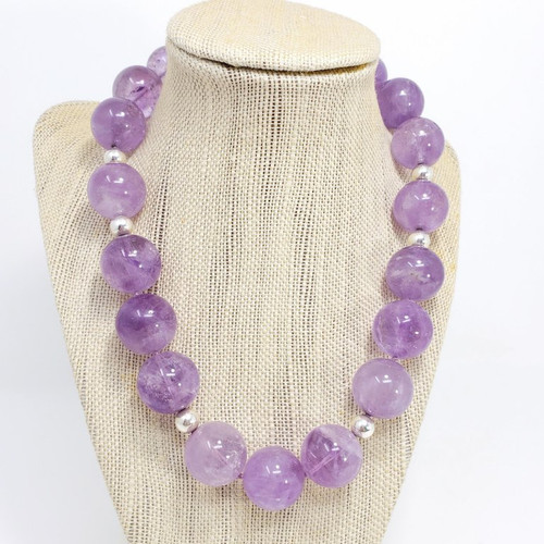Large Genuine Amethyst 20mm Bead Necklace with Sterling Silver Beads, 18.5"