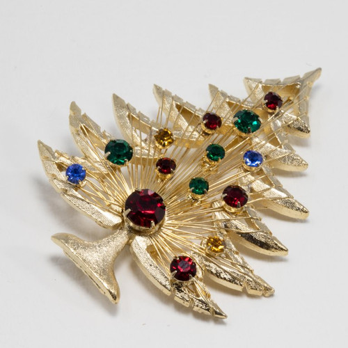 Brooks Harp Christmas Tree Pin Brooch with Prong Set Multicolor Crystals in Gold