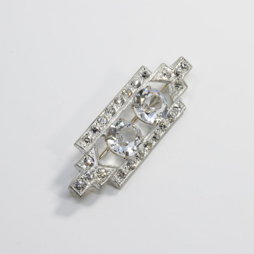 Art Deco Clear Prong Set Crystal Rectangular Pin in Silver Tone