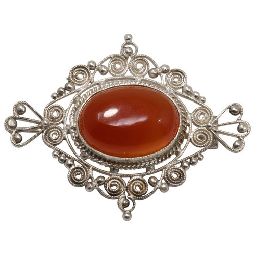 Art Nouveau Ornate Silver Filigree Carnelian Cabochon Pin Brooch, Early 1900s