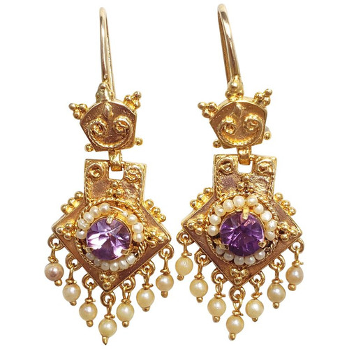 Antique Victorian Amethyst & Seeded Pearl 14K Two Piece Dangling Hook Earrings