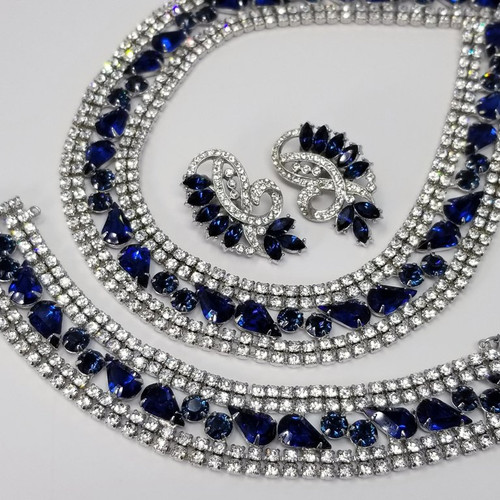 Vintage Signed Joseph Wiesner Parure With Clear and Sapphire Crystals in Silver