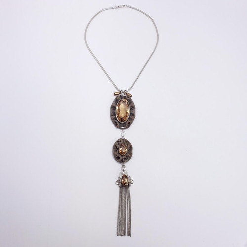 Antique Victorian Triple Drop & Tassel Pendant Necklace in Mesh Silver Setting