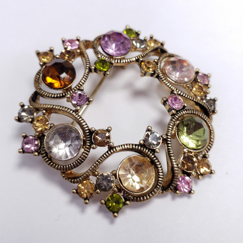 Vintage Monet Antique Gold Tone Color Rhinestone Round 2" Brooch Pin