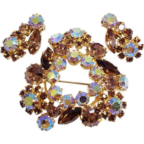 Austrian Aurora Borealis and Amber Colored Crystal Flower Brooch Pin, Clip On Earrings in Gold Tone