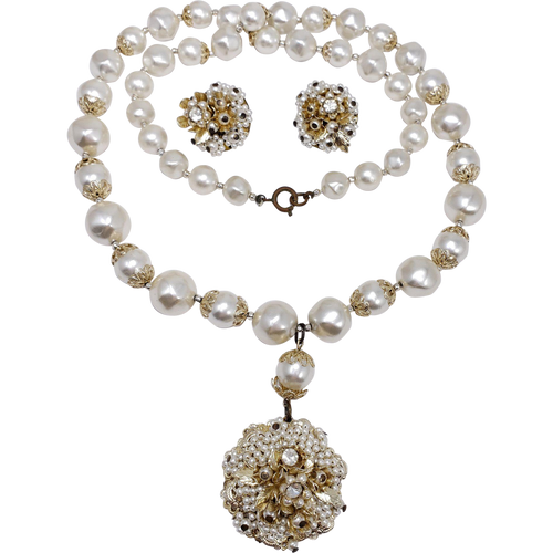 Japan Graduated Faux Pearl Necklace and Cluster Clip On Earrings, Flowers, Crystals