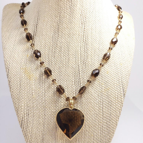 Faceted Quartz Heart Pendant and Beaded Necklace in 14 Karat Yellow Gold