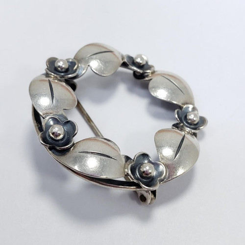 John L Denmark Sterling Silver Round Flower and Leaf Brooch Pin, Sterling Silver