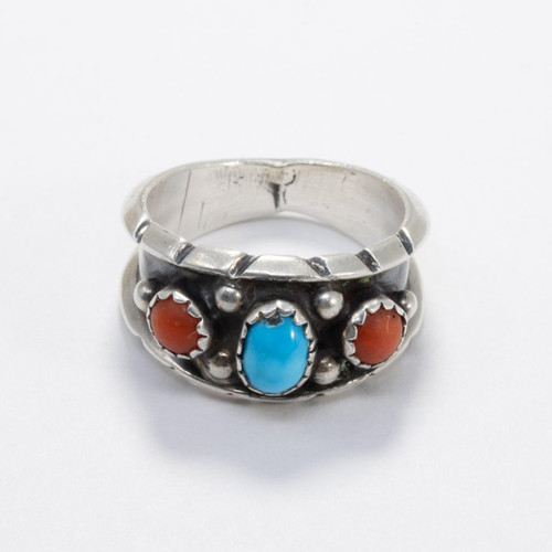 Native American Navajo Sterling Silver Ring with Turquoise and Coral Cabochons