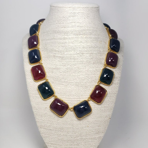 Kenneth Jay Lane KJL Multicolor Jelly Cabochon Gold Bezel Link Necklace
