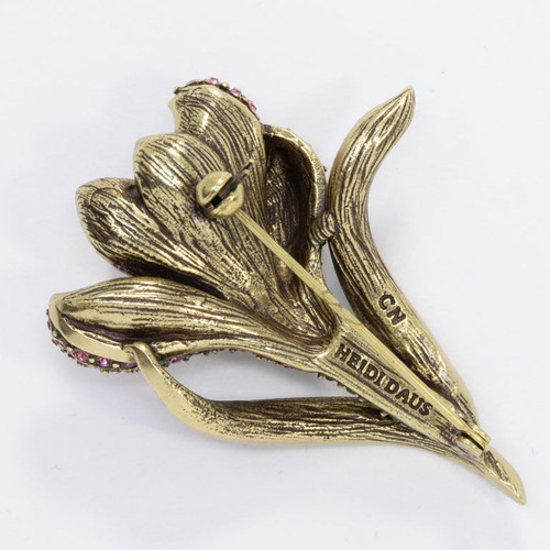 Heidi Daus Flowing Flower Pin Brooch, Pave Crystals and Antique Brass Tone