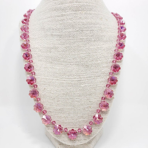 Rose Aurora Borealis Two-Tone Crystal Flower Bead Necklace, Vintage Mid 1900s