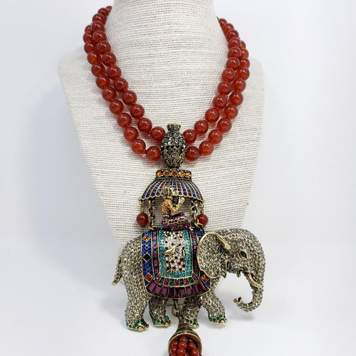 Heidi Daus Sultans of Chic 2-Row Carnelian Bead Elephant Pendant Necklace