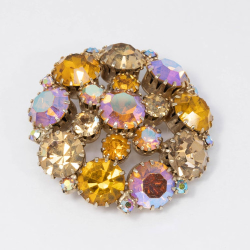 Rose Aurora Borealis and Topaz Crystal Round Pin Brooch in Gold
