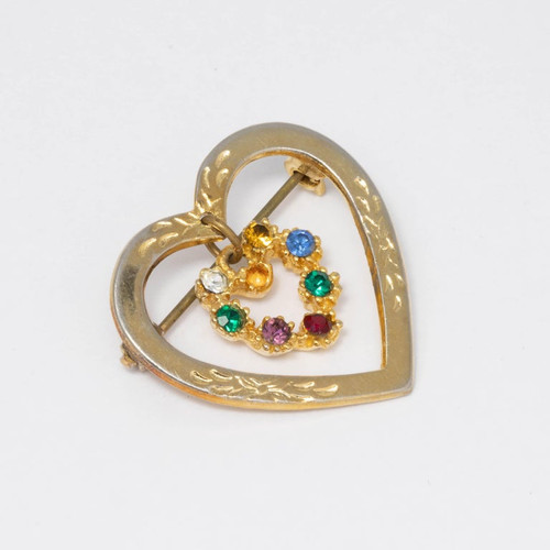 Double Heart Charm Dangling Crystal Pin Brooch in Gold, Mid 1900s