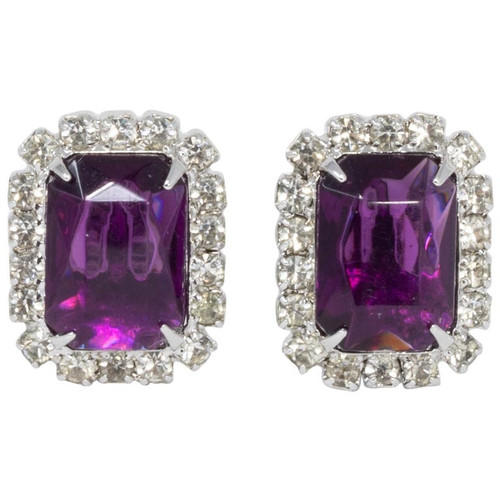 Clear and Purple Amethyst Crystal Silvertone Clip on Earrings, Mid 1900s
