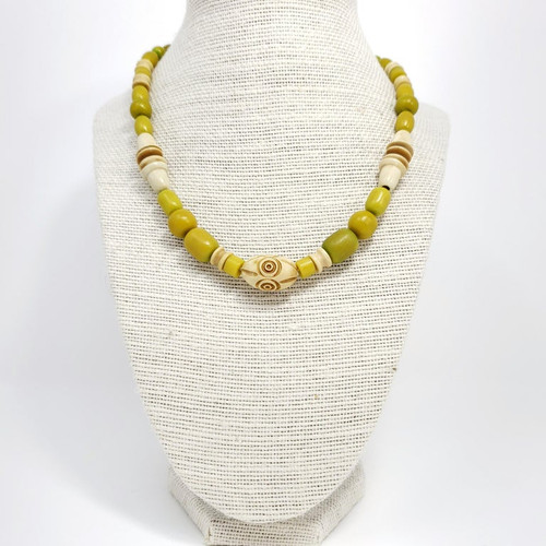 Apple Green and Cream Colored Carved Bakelite Bead Necklace, Brass Tone Clasp