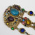 Vintage Czech Dangling Ornate Brooch with Crystals and Floral Enameling in Gold Tone