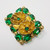 Vintage Czechoslovakia Signed Floral Rectangular Brooch with Green Crystals in Gold Tone