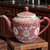 Vintage Chinese Porcelain Teapot Red & White Longevity Symbols Floral Lotus Design Marked Made in China Famille Rose Style