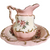 Vintage Pink Floral Wash Basin & Pitcher Set with Gold Trim Victorian Style Ceramic Vanity Decor