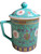 Mun Shou Chinese Famille Rose Porcelain Mug with Lid Turquoise Enamel Shou Longevity Characters Jingdezhen Made in China