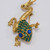 Oscar de la Renta Gold Frog Pin Brooch with Pave Green Crystals, Blue Cabochons