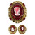 West Germany Red Glass Cameo Brooch and Clip On Earrings, Faux Pearls, Goldtone