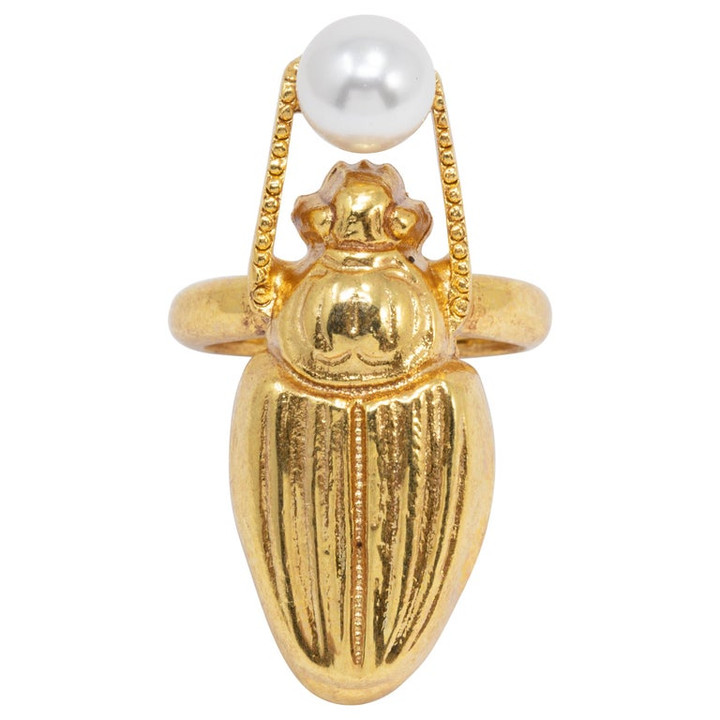 Oscar de la Renta Gold Scarab Faux Pearl Cocktail Ring, Contemporary Statement Style