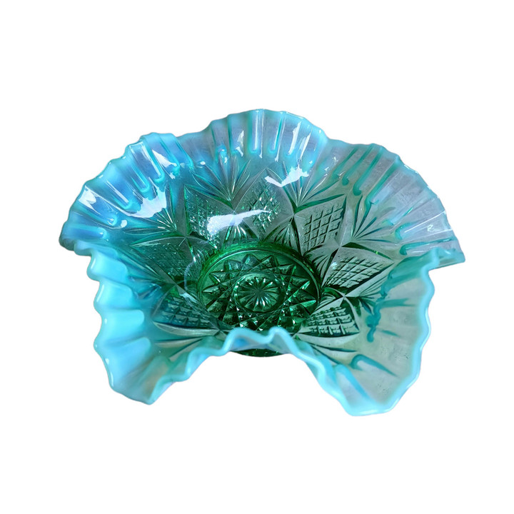 Dugan Reflecting Diamonds Green Opalescent Glass Ruffle Crimped Edge Bowl