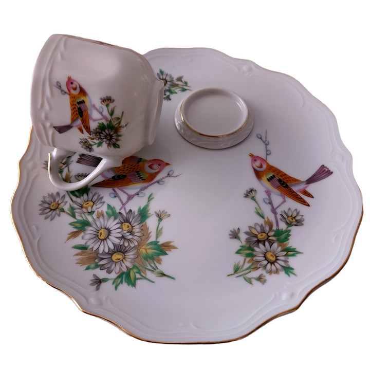 Mid Century Ceramic Gold Trim Snack Plate and Cup Set for Four