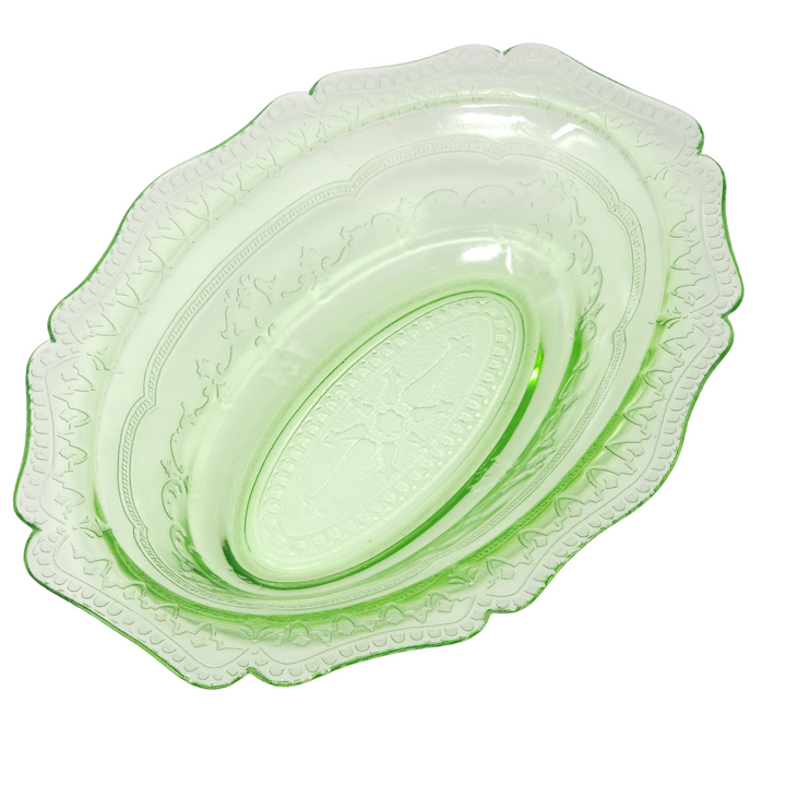  10" Federal Glass Patrician Green Uranium Oval Vegetable Bowl