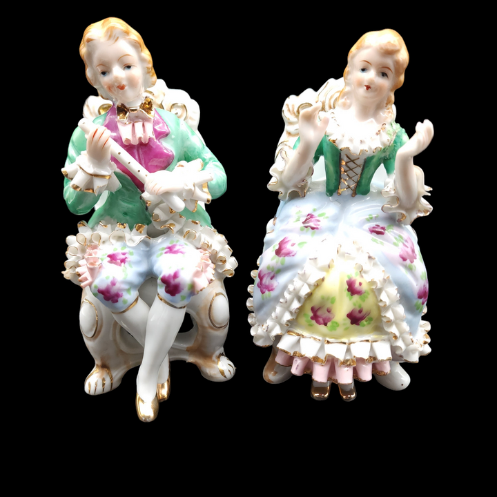 Occupied Japan Bone China Lace Colonial Courting Couple Figurines 