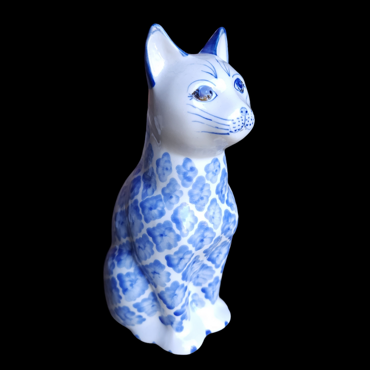 Porcelain Blue And White Hand Painted Sitting Cat Figurine