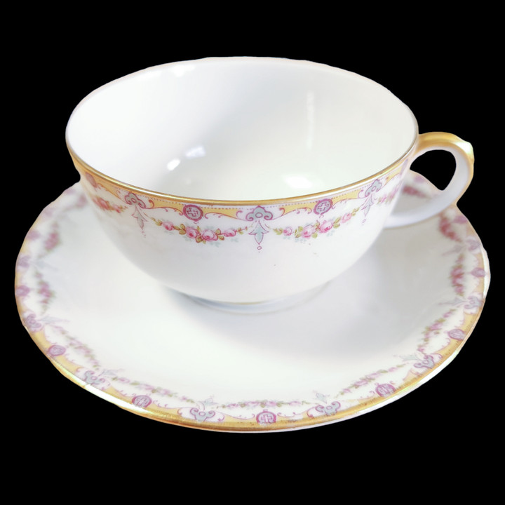 Jean Pouyat Limoges Rose Swags Yellow Pink Scrolls France Flat Cup & Saucer Set