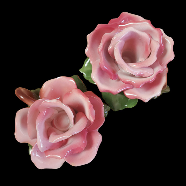 Capodimonte Pink Rose Taper Flower Candleholder Italy Set of 2
