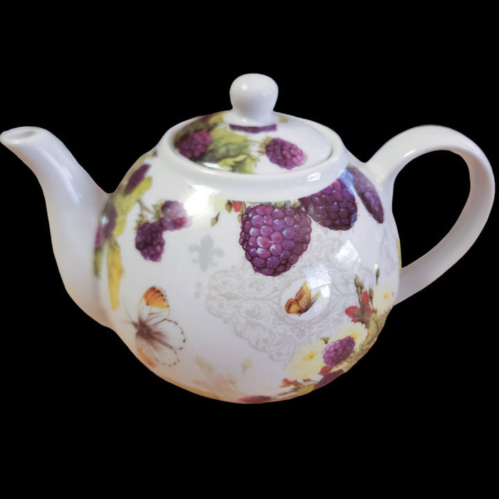Purple Raspberry & Leaves, Butterflies Fine Porcelain Teapot 4Cups