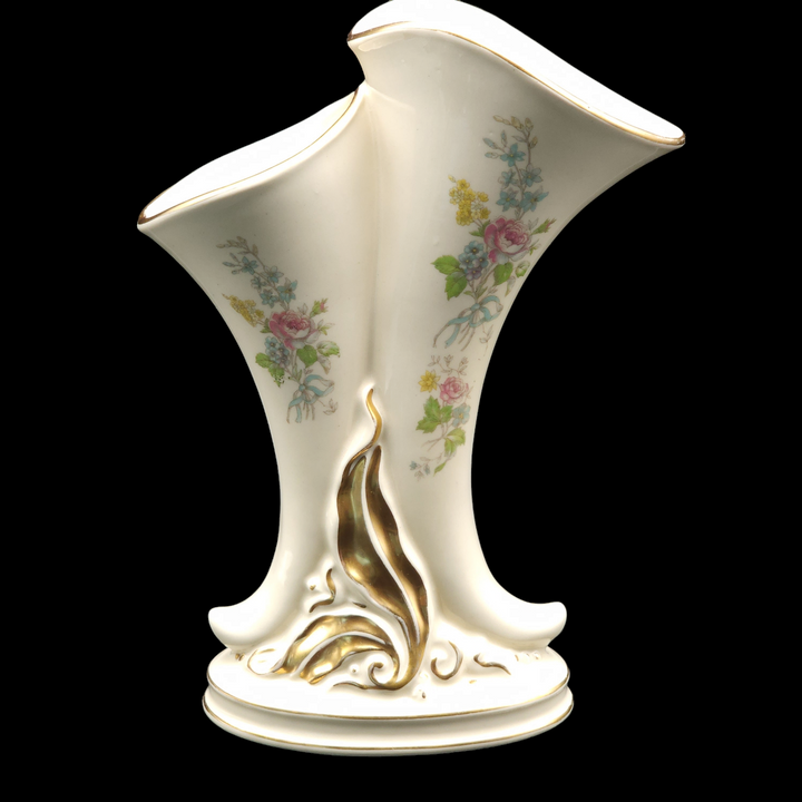 Vintage Princeton Double Cornucopia Vase P195 Cream Floral Design Gold Trimmed
