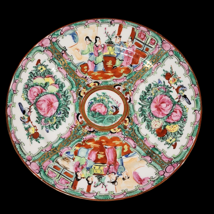Chinese Rose Medallion Hand Painted Porcelain Floral and Mandarin Scene Decor Gold Trim Plate