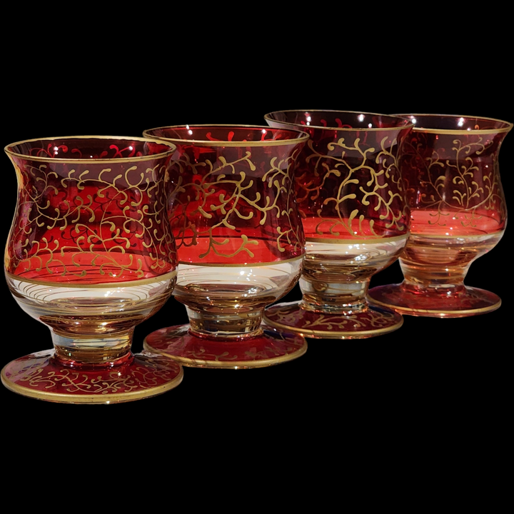 Pier 1 Imports Ruby Red Glass Mouth Blown HAnd Decorated Filigree Design Votive Holder Lot of 4