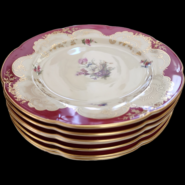 Royal Bayreuth Maroon Border Gold Scrolls Floral Salad Plate Set of 7